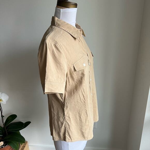 THEORY WOMENS SHORT SLEEVE BUTTON DOWN LINNEN SPANDEX KHAKI LARGE - Picture 2 of 6